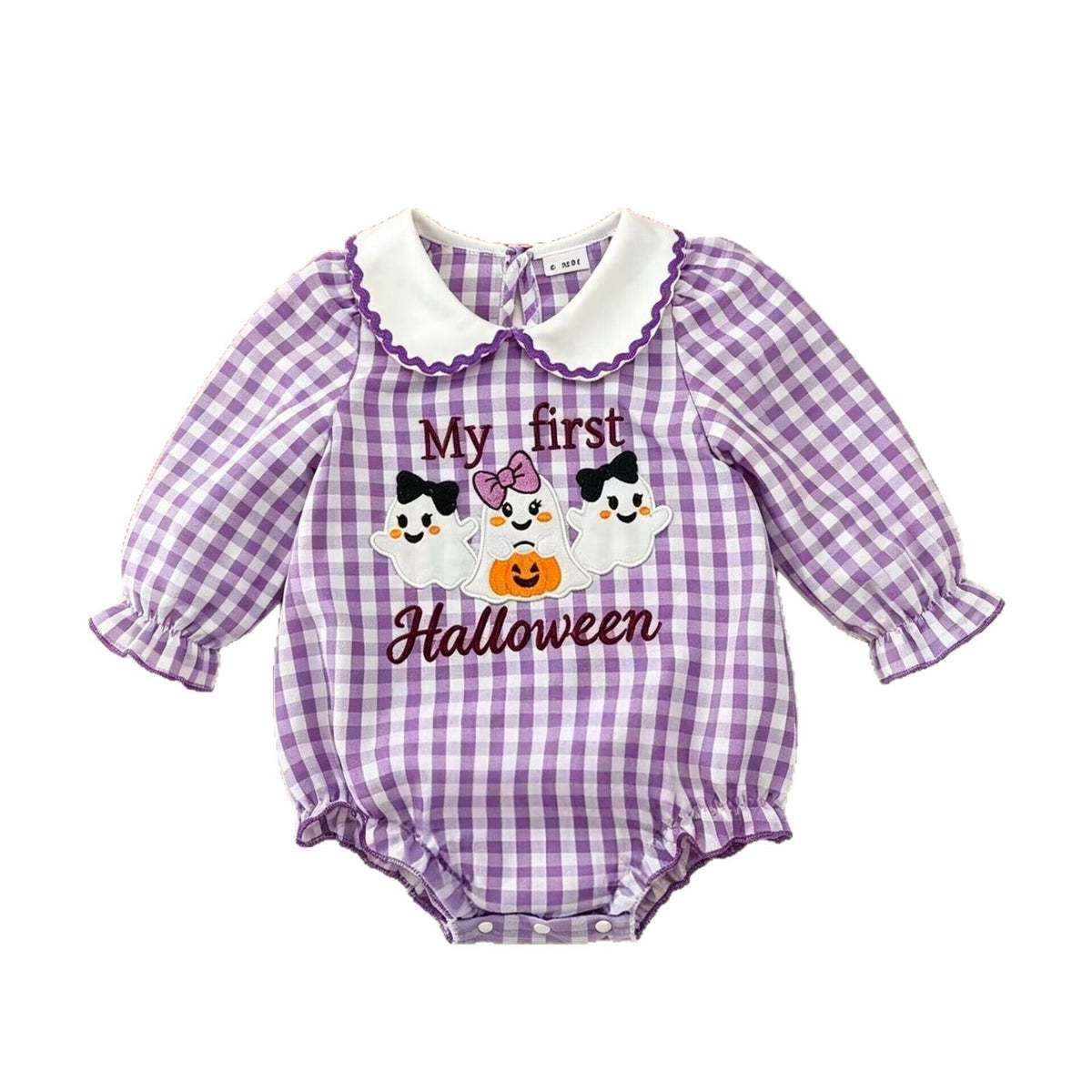 Infant Romper Purple Plaid Peter Pan Collar Ghost Embroidery Baby Halloween Triangular Crawler Onesie
