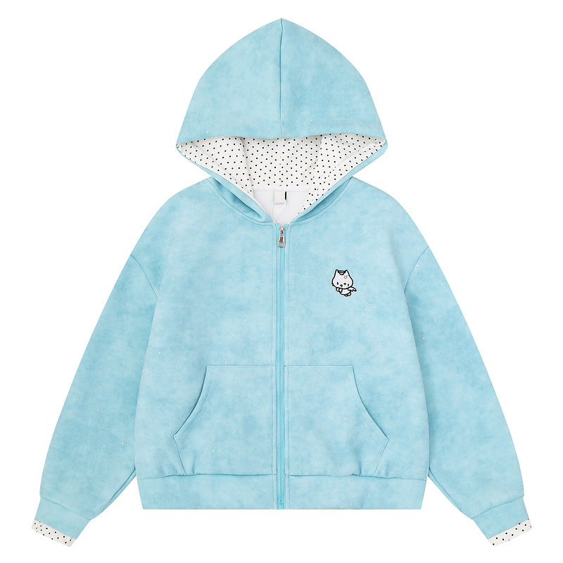 Light blue sparkling kitten embroidery hooded cardigan for women