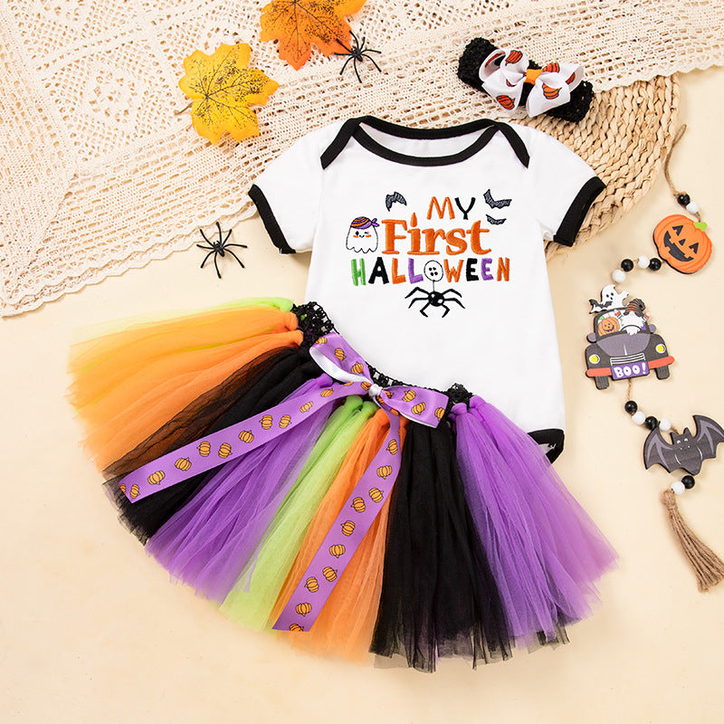 Baby Halloween Costume Cotton Short Sleeve Embroidered Witch Hat Pumpkin Romper Bowknot Handmade Set