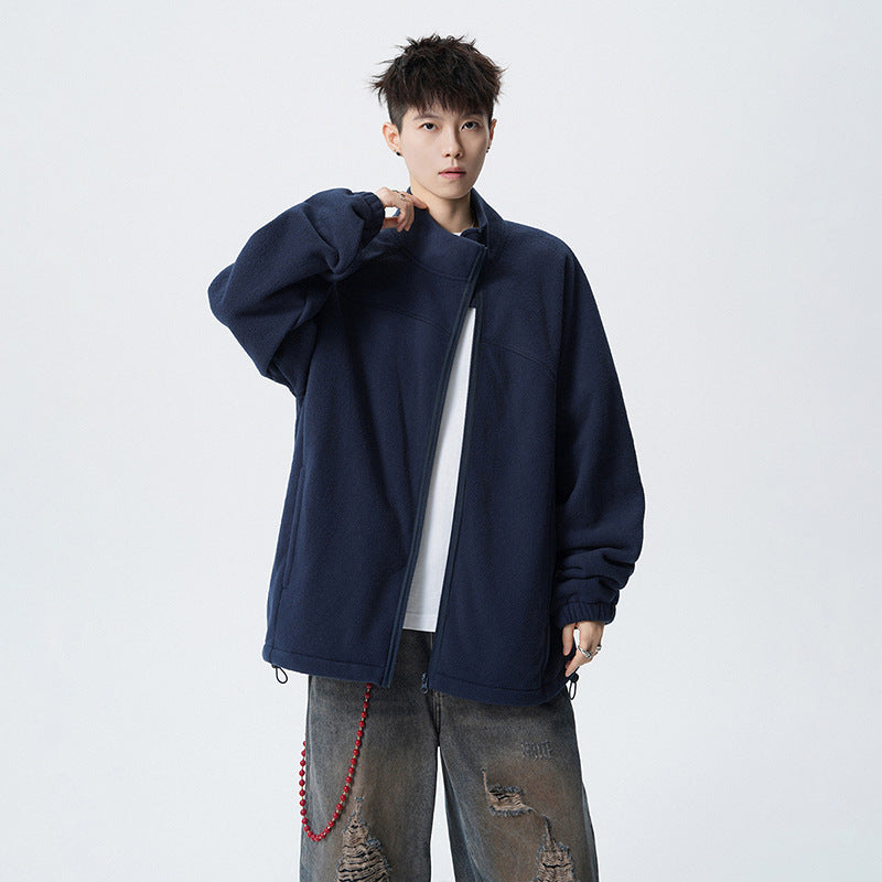 Outdoor Casual Stand Collar Sweatshirt for Men, Loose Fit, Fashionable, Comfortable, Warm, Trendy Solid Color Men's Jacket