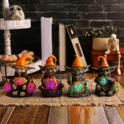 Halloween Pumpkin Holding Sprite Resin Craft Decoration Home Desk Glowing Gnome Figurine Ornament