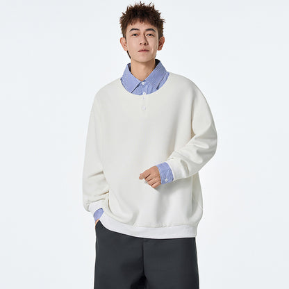 Mock Two-Piece Polo Shirt for Men, Autumn Fashion Brand College Style Turn-Down Collar Sweatshirt Inner Layer Top Underwear
