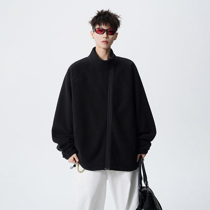 Outdoor Casual Stand Collar Sweatshirt for Men, Loose Fit, Fashionable, Comfortable, Warm, Trendy Solid Color Men's Jacket