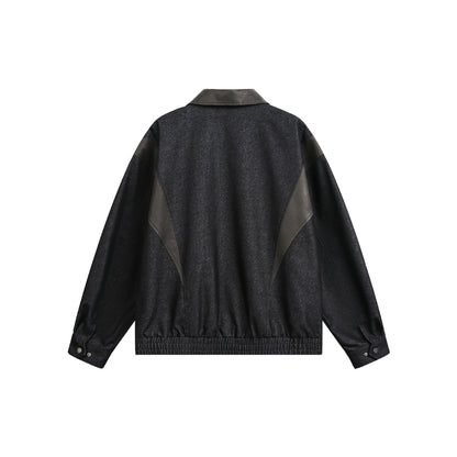 Loose PU Leather Patchwork Stand Collar Color-blocked Original Denim Jacket for Men