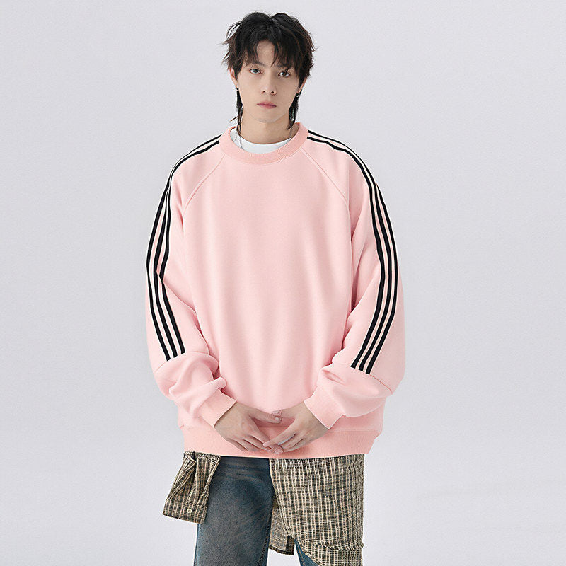 Retro Trendy Brand Stripe Crewneck Hoodie Unisex Loose Fit Long Sleeve Top