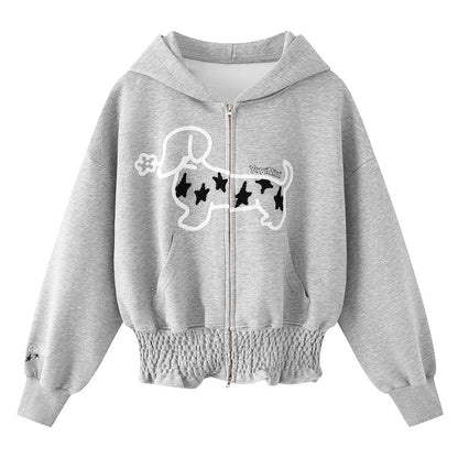 Grey waist cinched hooded zipper jacket