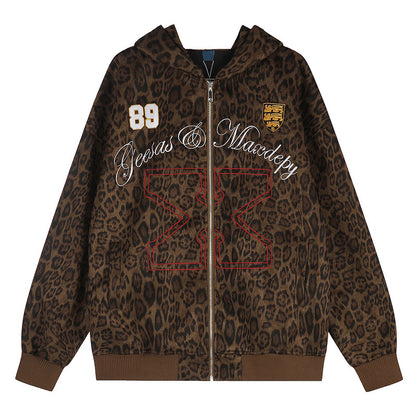 Retro leopard print hooded zipper cardigan