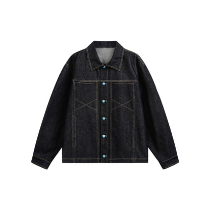 Turquoise Color-block Buttoned Loose Denim Jacket for Men
