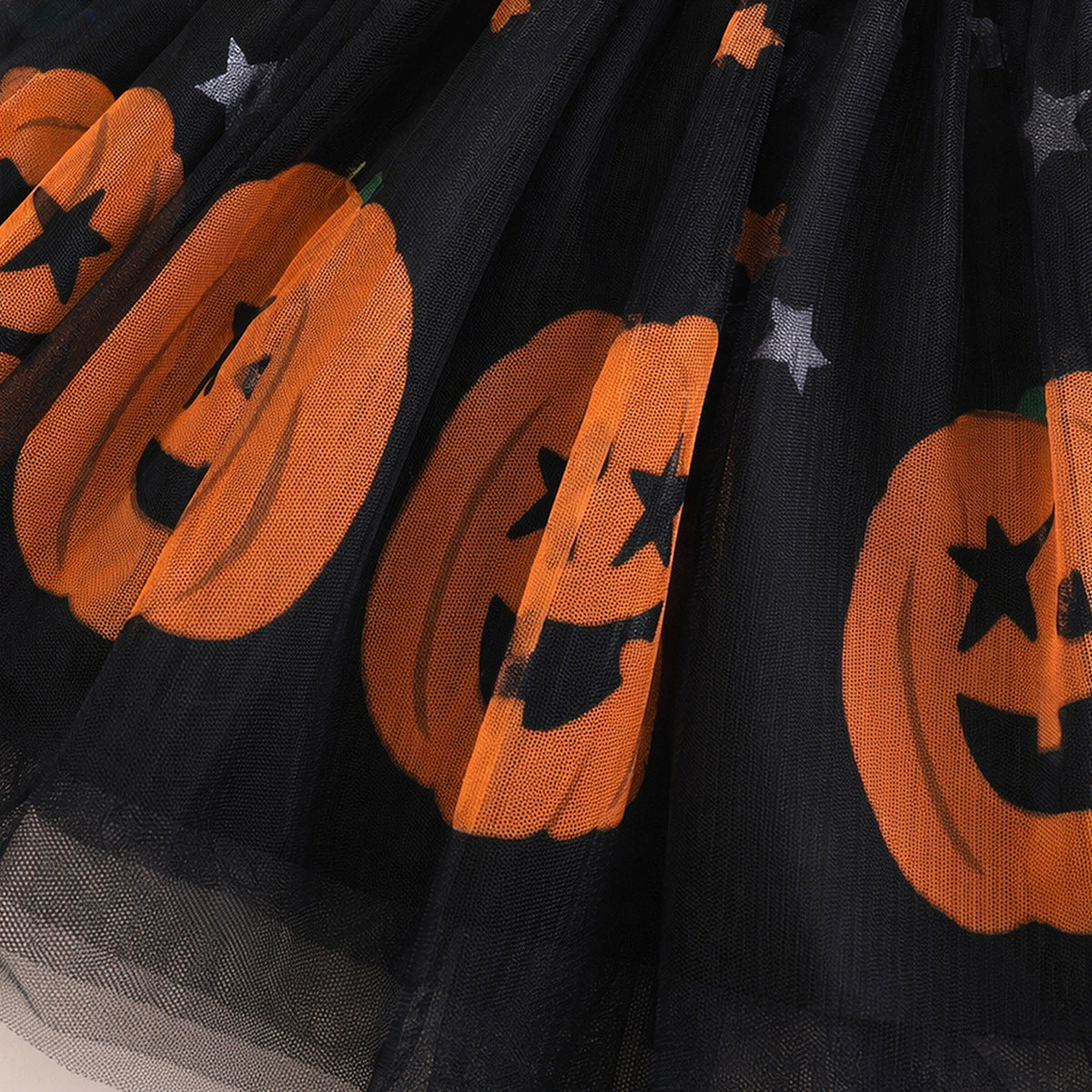 Halloween Girls' Tulle Princess Dress with Bat and Pumpkin Print, Long Sleeve, Children's Performance Tutu Dress