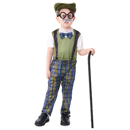 Halloween Costume Children's Role Play Grandpa Jumpsuit with Hat and Glasses Set Plaid Pants