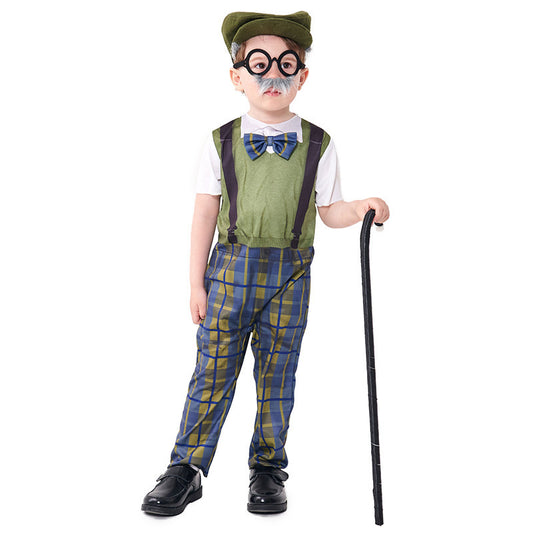 Halloween Costume Children's Role Play Grandpa Jumpsuit with Hat and Glasses Set Plaid Pants