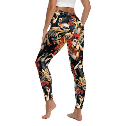 Halloween Women's Leggings Day of the Dead Skull Digital Print Yoga Tights Women's Fitness Stretch Pants
