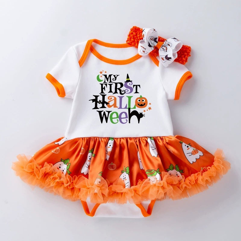 Halloween Baby Party Outfit Printed Pumpkin Short Sleeve Romper Dress with Hair Accessories 2-Piece Set Infant Onesie Dress