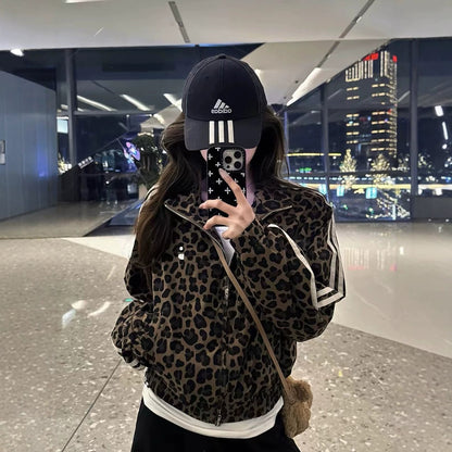 Retro Leopard Print Stand Collar Zip-Up Hoodie for Women