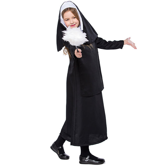 Halloween Children's Black Nun Costume Cosplay Dress for Girls, Fairy Tale Play Performance Outfit