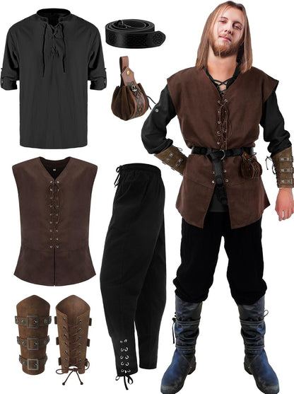 7-Piece Halloween Men's Renaissance Costume Set Medieval Pirate Shirt Ankle Band Pants