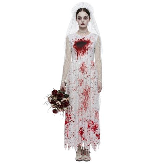 Halloween Dark Bloody Ghost Bride Cosplay Costume, Horror Blood-Stained Wedding Dress for Party and Stage Performance,