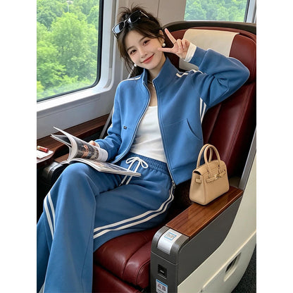 Sporty Stripe Hoodie Set for Women, Spring and Autumn, Stand Collar, Slim Fit, Casual Two-Piece Outfit, Loose Style