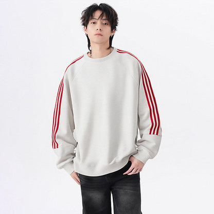 Retro Trendy Brand Stripe Crewneck Hoodie Unisex Loose Fit Long Sleeve Top
