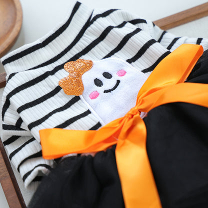 Striped Ghost Orange Bow Halloween Pet Tulle Dress for Maltese Cats, Black Mesh Holiday Formal Wear