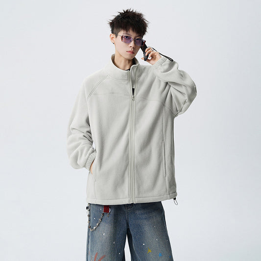 Outdoor Casual Stand Collar Sweatshirt for Men, Loose Fit, Fashionable, Comfortable, Warm, Trendy Solid Color Men's Jacket