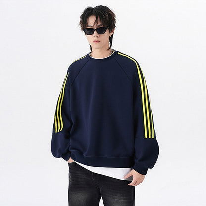 Retro Trendy Brand Stripe Crewneck Hoodie Unisex Loose Fit Long Sleeve Top