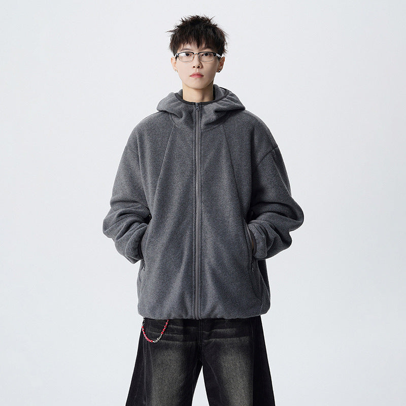 Winter Men's Heavyweight Deconstructed Hoodie Jacket, Streetwear Fashion Hooded Sweatshirt with Open Front Design, Patchwork Couple Hoodie
