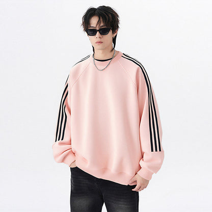 Retro Trendy Brand Stripe Crewneck Hoodie Unisex Loose Fit Long Sleeve Top