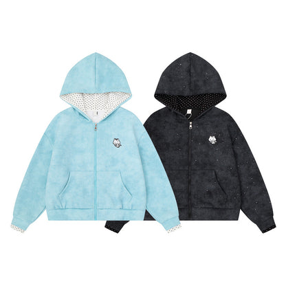 Light blue sparkling kitten embroidery hooded cardigan for women