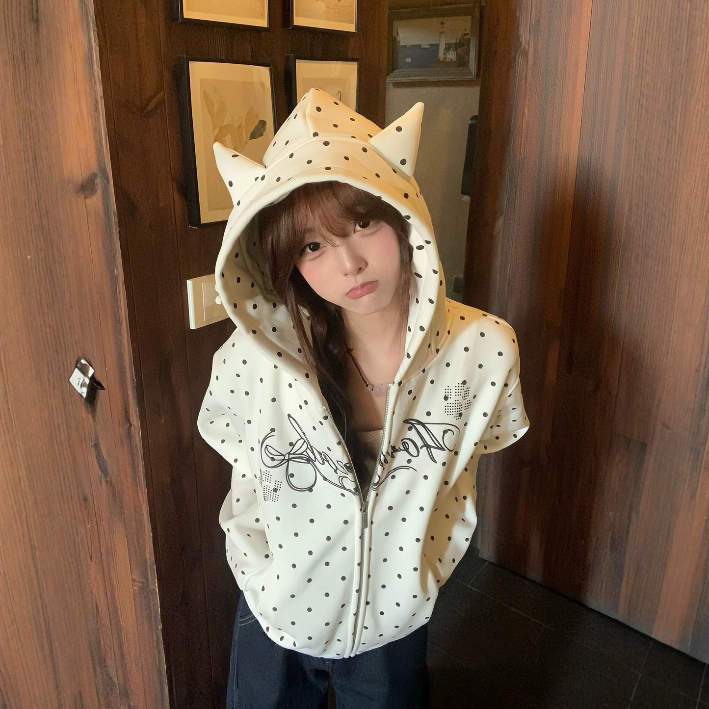 Cute Embroidered Ears Retro Polka Dot Hooded Cardigan Sweatshirt for Women