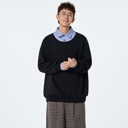 Mock Two-Piece Polo Shirt for Men, Autumn Fashion Brand College Style Turn-Down Collar Sweatshirt Inner Layer Top Underwear