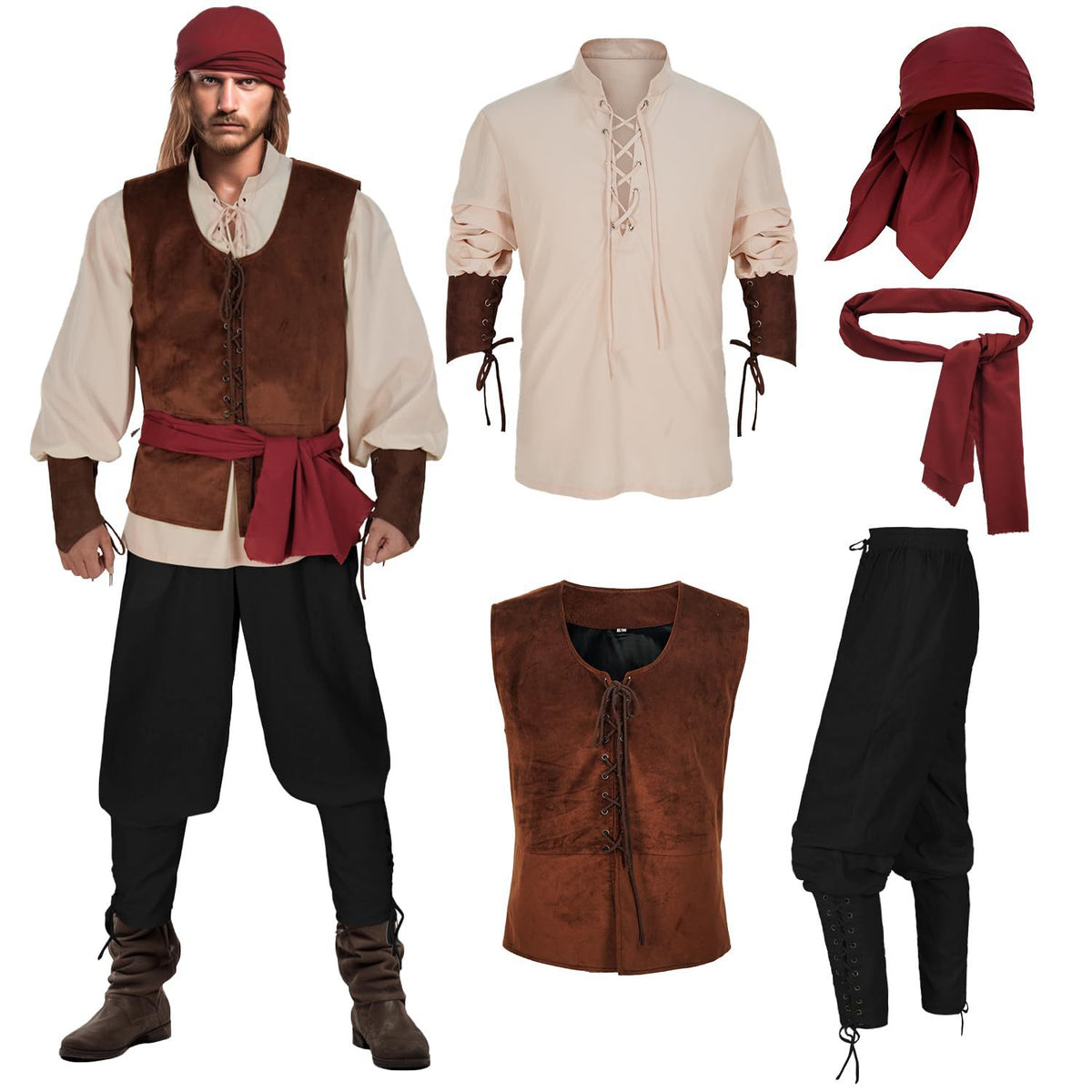 Halloween Caribbean Pirate Renaissance Medieval Vest Adult Pirate Costume Stage Performance Outfit