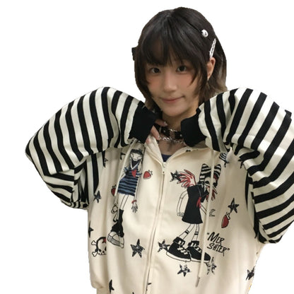 Retro Subculture Cartoon Print Striped Hoodie Women's Loose Soft Girl Cardigan Coat
