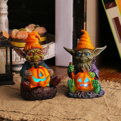 Halloween Pumpkin Holding Sprite Resin Craft Decoration Home Desk Glowing Gnome Figurine Ornament