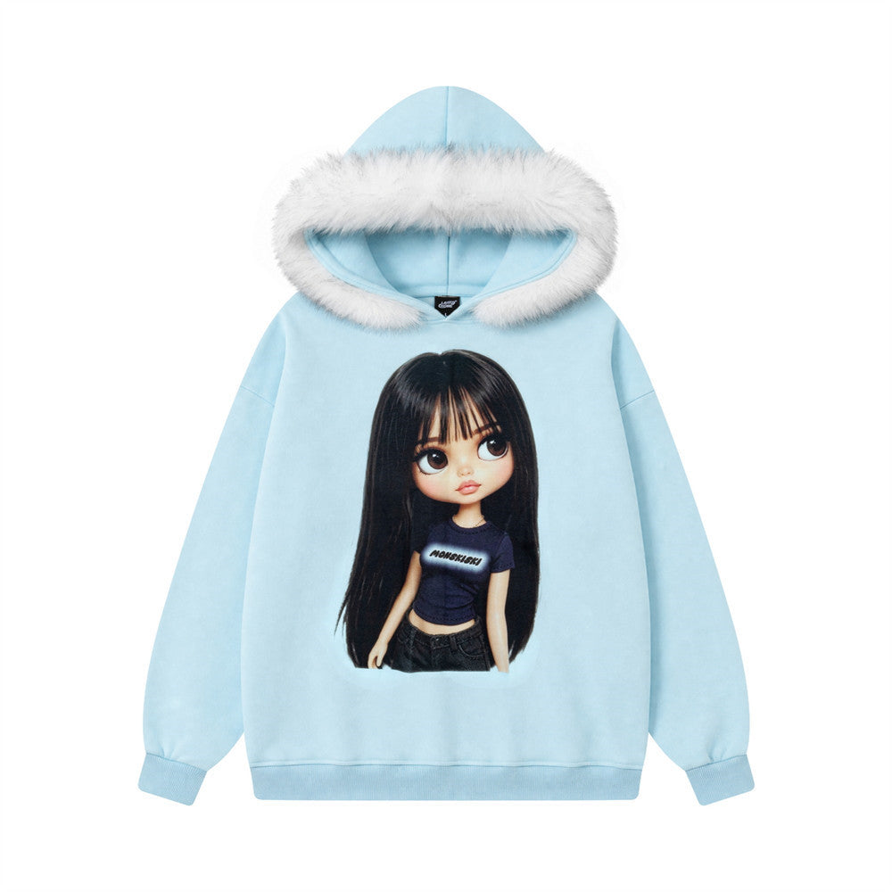 Cartoon printed fur collar hooded sweatshirt