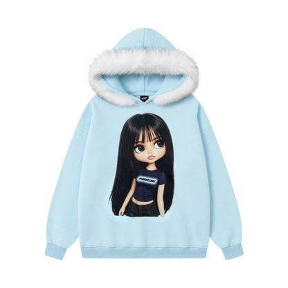 Cartoon printed fur collar hooded sweatshirt