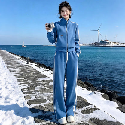 Sporty Stripe Hoodie Set for Women, Spring and Autumn, Stand Collar, Slim Fit, Casual Two-Piece Outfit, Loose Style