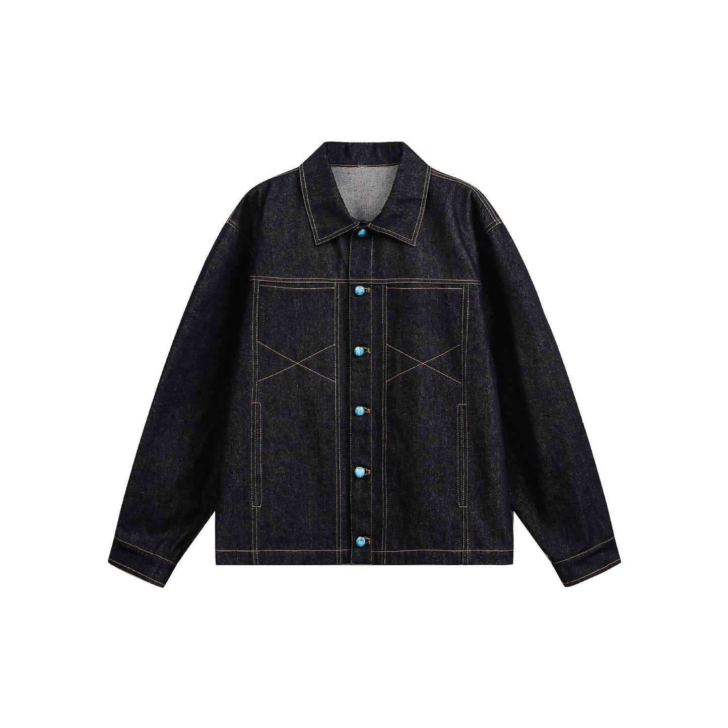 Turquoise Color-block Buttoned Loose Denim Jacket for Men