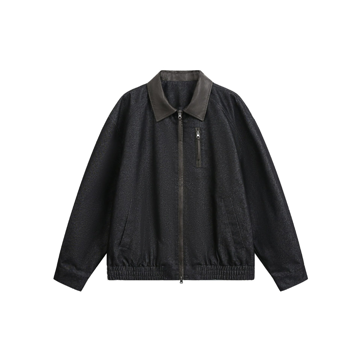 Loose PU Leather Patchwork Stand Collar Color-blocked Original Denim Jacket for Men