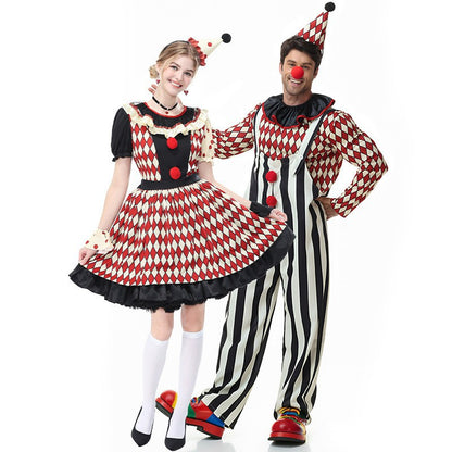 Vintage Checkered Clown Couple Outfits Adult Men and Women Circus Clown Dress Overalls Halloween Costumes