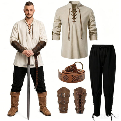 5-Piece Halloween Men's Renaissance Costume Set Medieval Pirate Shirt Ankle Band Pants