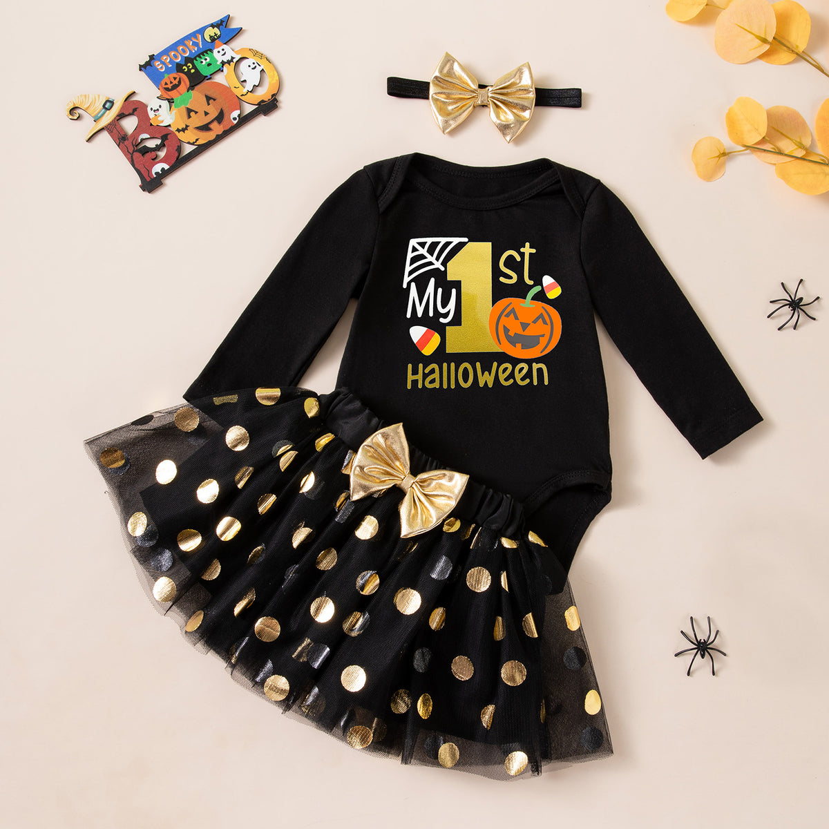 Cute Baby Halloween Long Sleeve Bodysuit with Gold Polka Dot Mesh Skirt, Headband, Pumpkin Socks Set - 4-Piece Outfit