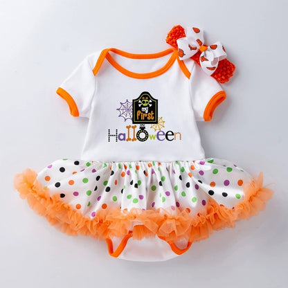 Halloween Baby Party Outfit Printed Pumpkin Short Sleeve Romper Dress with Hair Accessories 2-Piece Set Infant Onesie Dress