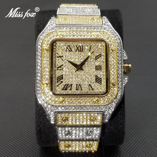 MISSFOX Ice Out Square Watch For Men Top Brand Luxury Full Diamond Mens Watches Ultra Thin Waterproof Hip Hop Clock Dropshipping