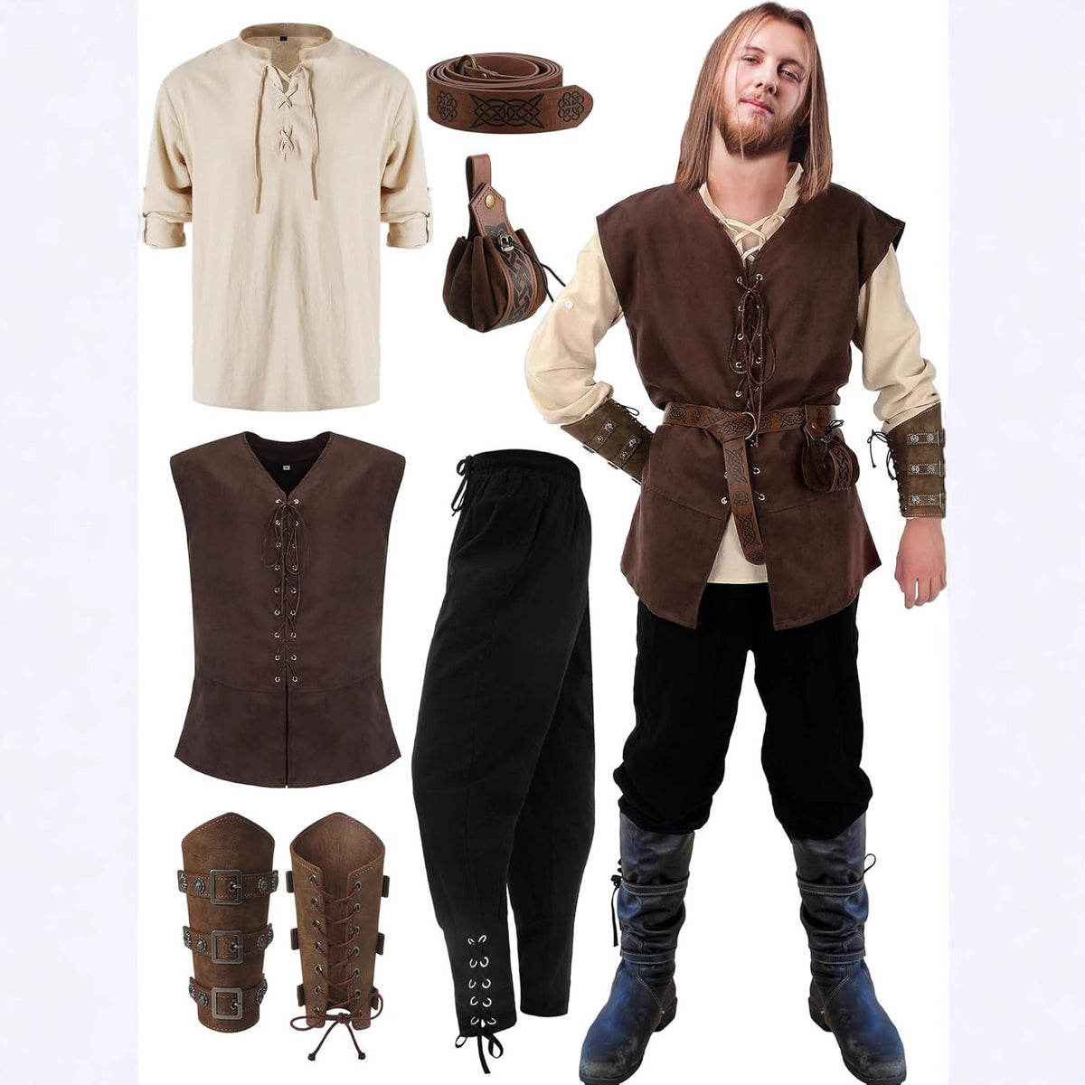 7-Piece Halloween Men's Renaissance Costume Set Medieval Pirate Shirt Ankle Band Pants