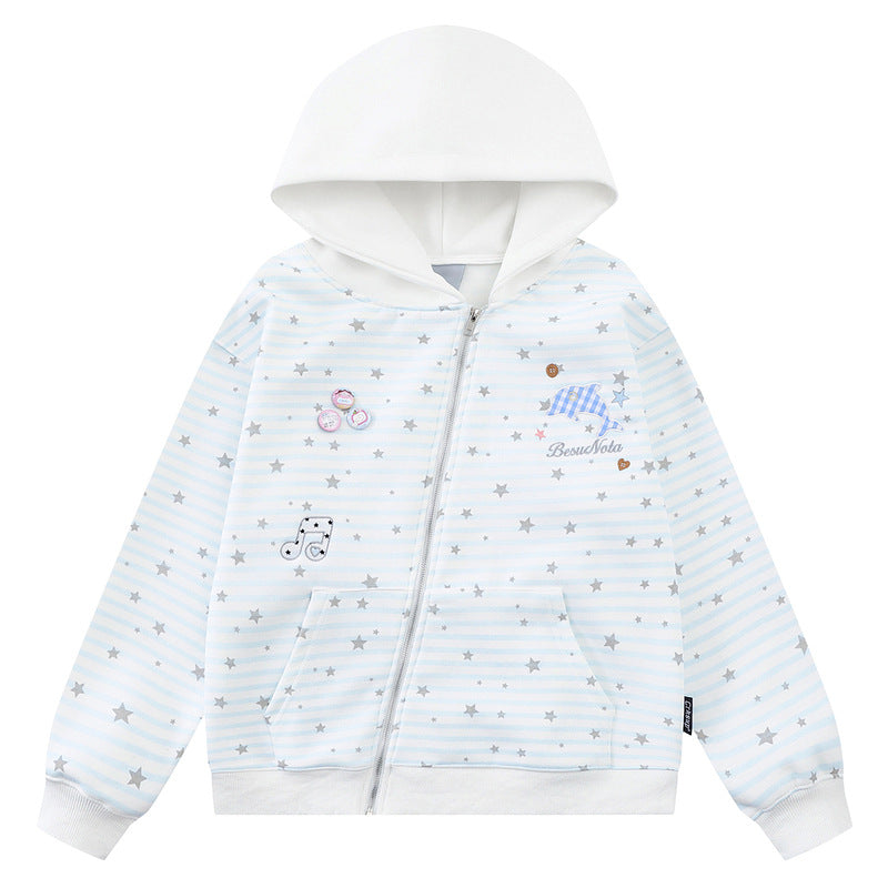 Striped star dolphin embroidered hooded cardigan