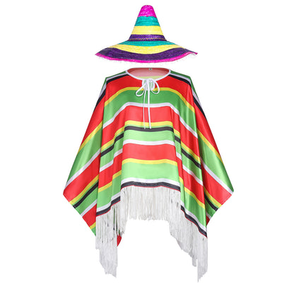 Poncho Costume for Cosplay Party Halloween Mexican Traditional Hat