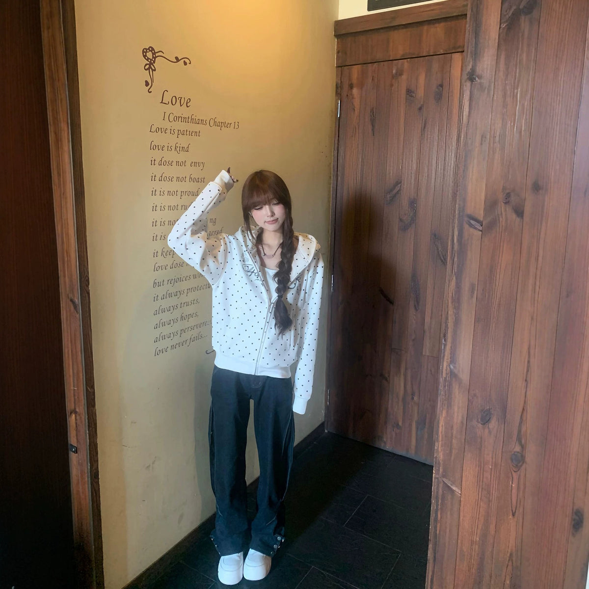 Cute Embroidered Ears Retro Polka Dot Hooded Cardigan Sweatshirt for Women