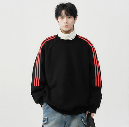 Retro Trendy Brand Stripe Crewneck Hoodie Unisex Loose Fit Long Sleeve Top