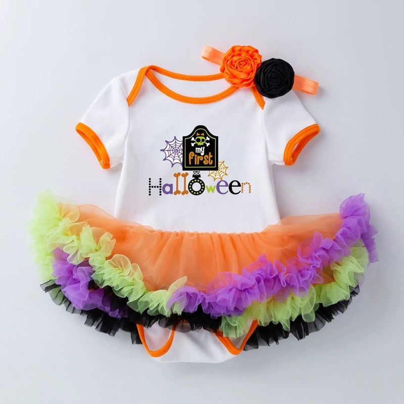 Halloween Baby Party Outfit Printed Pumpkin Short Sleeve Romper Dress with Hair Accessories 2-Piece Set Infant Onesie Dress